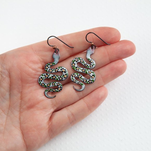 Handmade Copper Enamel Snake Earrings Reptile Rustic Nature Animal Jewelry Boho - Picture 3 of 9